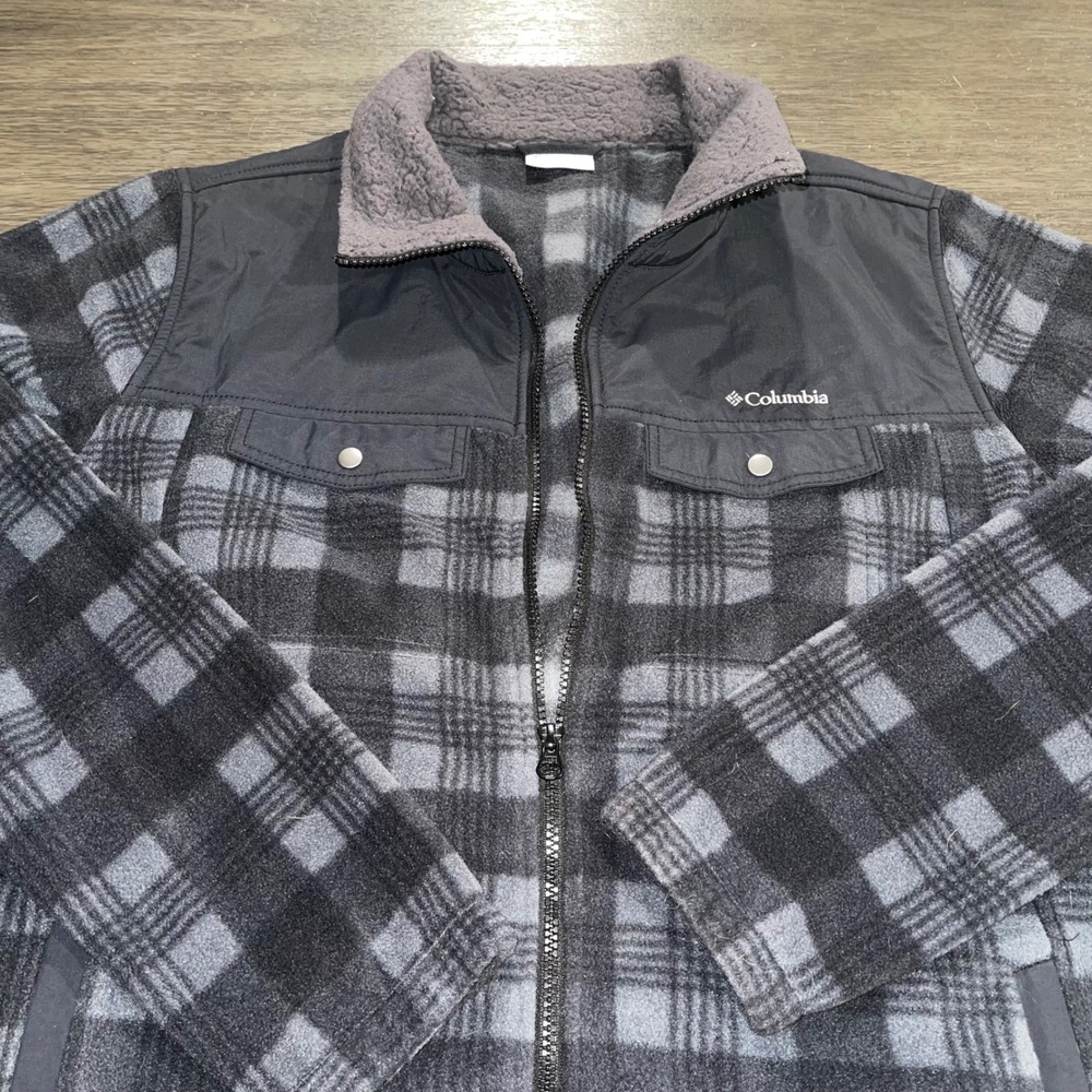 Columbia Womens XL Grey Plaid Fleece Full Zip Sherpa Collar Jacket